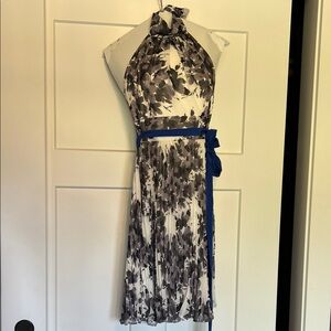 Eliza J Black and White Floral Midi Dress with Blue Belt